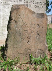 Grave of Peter Becker (1687-3/19/1758), first Brethren minister in US. Harley family burial grounds at Klein Meeting House. HEADSTONE INSCRIPTION: "In memory of PETER BECKER. First Eld. of the Brethern in America, Born at Dillsheim in Germany 1687, Embraced the Doctrine of the Brethern 1714. Emigrated with twenty families of Brethern and settled in Germantown 1719. Came to Indian Creek 1747 and died 3/19/1758. He was married to Dorothy Partman by whom he had two daughters, Mary married Rudolph Harley & Elizabeth Jacob Stump. Erected by his great great grandson May 17, 1886, Abrm. H. Cassel"